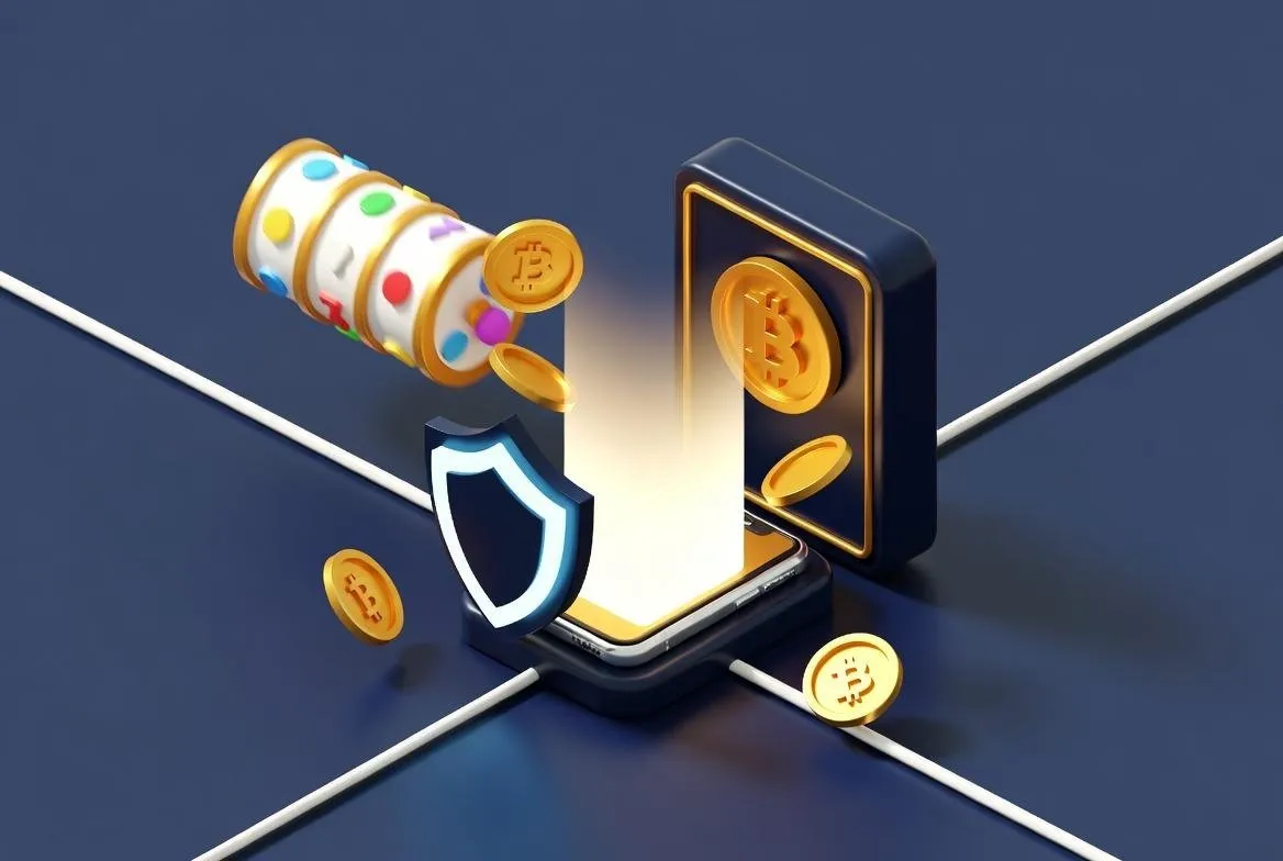 Illustration 3D isometrique dun smartphone comme passerelle numerique avec pieces dor et rouleaux de machine a sous abstraits