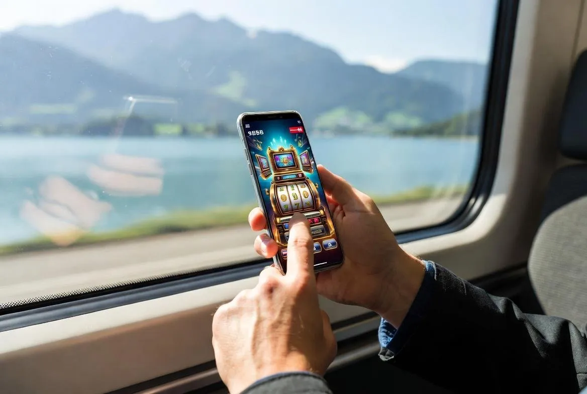 Mains tenant un smartphone avec machines a sous 3D dans un train de luxe avec vue sur les Alpes et le lac